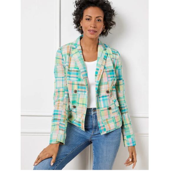 Talbots Plus Petite 20WP Double Breasted Madras Blazer Classy Preppy Artsy - Picture 1 of 10